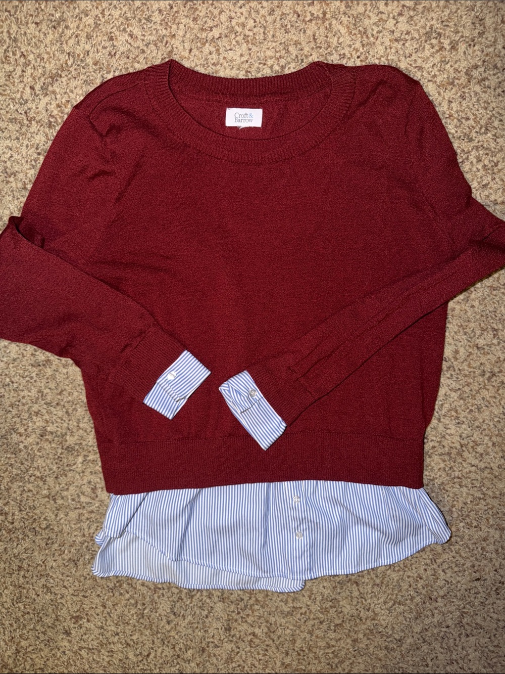 croft & barrow Burgundy Sweater with Blue-Striped Shirt Detail xl